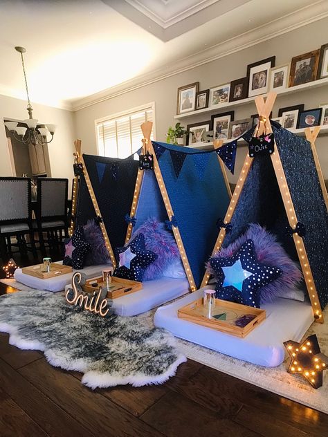 This was poetry in motion – Dad took his 3 girls to Grandma’s house, while we set up this beautiful Elite Teepees Stargazer themed sleepover  Then ta-da! The birthday sleepover was revealed.  These darling sisters were in heaven! Surrounded by a galaxy of stars and birthday vibes for the eldest who turned 8.  An experience that will be forever remembered. 
 
#TeepeeSleepover
#SleepoverBirthdayParties
#TeepeeSlumberParty
#SleepoverPartyIdeas
#EliteTeepees
#GirlsSleepoverPartyIdeas Slumber Party Decorations, Girls Teepee, Girls Tent, Girls Sleepover Party, Sleepover Tents, Birthday Sleepover Ideas, Slumber Party Birthday, Cousin Camp, Birthday Sleepover