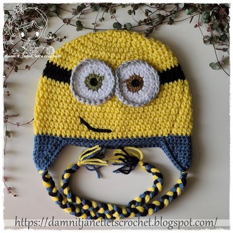 damn it Janet, let's crochet!: Minion Earflap Beanie Minion Hats Crochet Free Pattern, Crochet Snoopy Hat Free Pattern, Free Crochet Minion Hat, Monster Hat Crochet Pattern Free, Crochet Minion Adult Hat Pattern Free, Minion Hat Crochet Pattern Free, Minion Hat Pattern, Crocheted Character Hats, Crochet Minion Hat Pattern Free