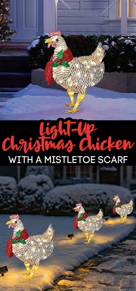 How cute is this???? Chicken Christmas Tree Ideas, Christmas Chicken Decor, Chicken Christmas Decorations, Outdoor Christmas Decorations Yard, Chicken Christmas, Crazy Chicken Lady, Chicken Decor, Christmas Yard Decorations, Lawn Lights