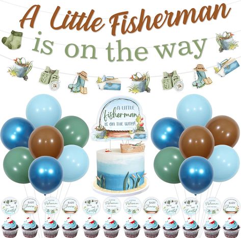 Fishing Baby Shower Decorations for Boy, Gone Fishing Baby Shower Decorations, A Little Fisherman Is on the Way Banner Cake Cupcake Toppers Blue Green Brown Balloons for Fish Baby Shower #ad #alittlefishermanisontheway #fishermanbabyshower #fishingbabyshower #Babyshowerideas #Babyshowersupplies #babyshowerthemes #boybabyshower #Boybabyshowerideas #boybabyshowerthemes Gone Fishing Baby Shower, Fishing Baby Shower, Fishing Baby Shower Theme, Brown Balloons, Excited Baby, Baby Shower Fishing, Fishing Baby, Twin Shower, Baby Shower Cupcake Toppers