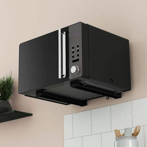 The perfect space saving accessory - elevating your microwave means more space for food prep or fancy new kitchen gadgets! Microwave Wall Shelf, Microwave Wall Mount, Hanging Microwave, Mounted Microwave, Microwave Oven Shelf, Microwave Shelf, New Kitchen Gadgets, Wood Studs, Modern Kitchen Cabinets