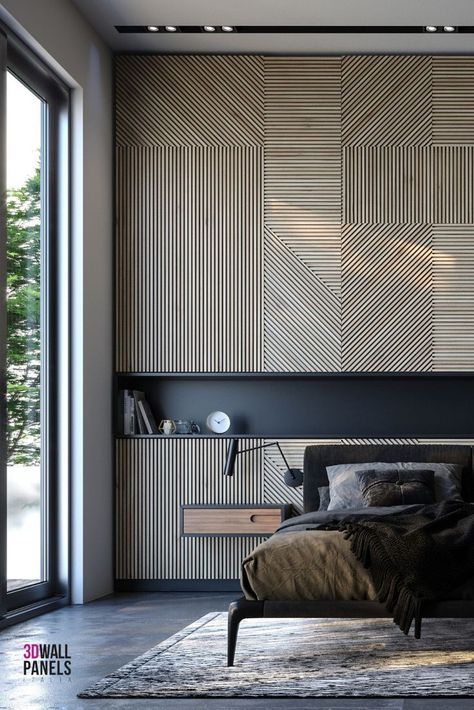 The panels are composed by an mdf black base and linear strips in walnut wood.
#walldecor
#architecture #arredamentdiinterni #interiorarchitecture #architecture #interiorarchitecture #interiordesigner Industrial Style Bedroom, Mdf Wall Panels, Small Bedroom Ideas, Luxury Bedroom Design, 3d Panels, Dark Interiors, 3d Wall Panels, Wood Panel Walls, Wall Cladding