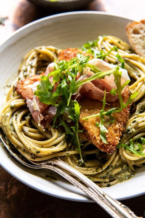 Basil Parmesan Pasta with Crispy Chicken, Prosciutto, and Arugula. - Half Baked Harvest Basil Parmesan Pasta, Pasta With Crispy Chicken, Chicken Prosciutto, Harvest Basil, Creamy Parmesan Chicken, Prosciutto Pasta, Half Baked Harvest Recipes, Chicken Parmesan Pasta, Night Recipes