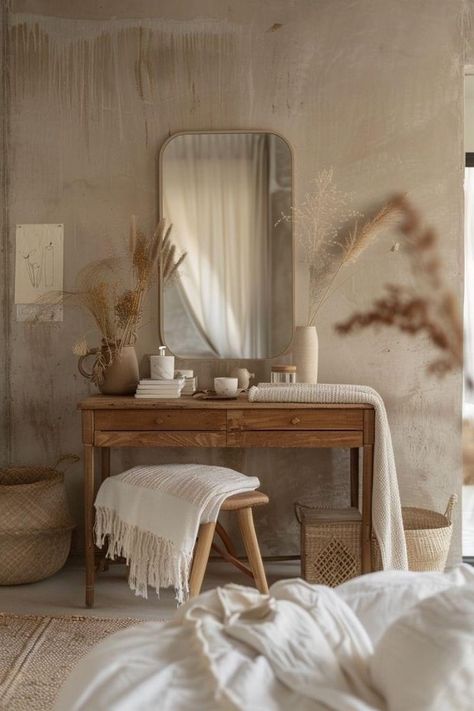 Boho Bedroom Neutral, Boho Vanity Ideas, Neutral Vanity, Boho Vanity, Modern Boho Bedroom, Bedroom Ideas Inspiration, Neutral Bedrooms, Boho Style Bedroom, Bedroom Door Design