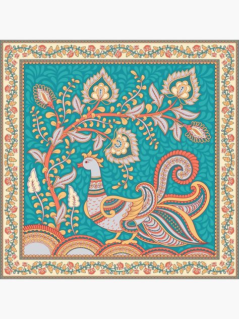 Fashion Scandinavian, Peacock Flower, Kalamkari Designs, Indian Artwork, Kalamkari Painting, Scandinavian Pattern, Indian Painting, Madhubani Art, Turquoise Background