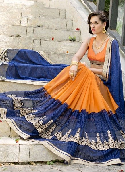 Blue Indian Dress, Orange Lehenga, Blue Lehenga, Combo Dress, Indian Bridal Wear, Designer Saree, Blue Outfit, India Fashion, Blue And Orange