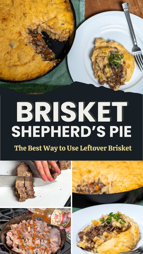 This Shepherd’s Pie is the Best Way to Use Leftover Brisket! This recipe doesn’t take long to whip up (assuming you’ve already smoked the brisket). It’s packed with beefy flavor, and the cheddar mashed potatoes take it to the next level! Brisket Shepards Pie, Leftover Brisket Recipes Keto, Brisket Shepherds Pie Recipe, What To Make With Leftover Brisket, Recipes With Brisket Leftovers, Leftover Smoked Brisket Recipes, Brisket Leftover Recipes, Brisket Pie, Leftover Brisket Ideas