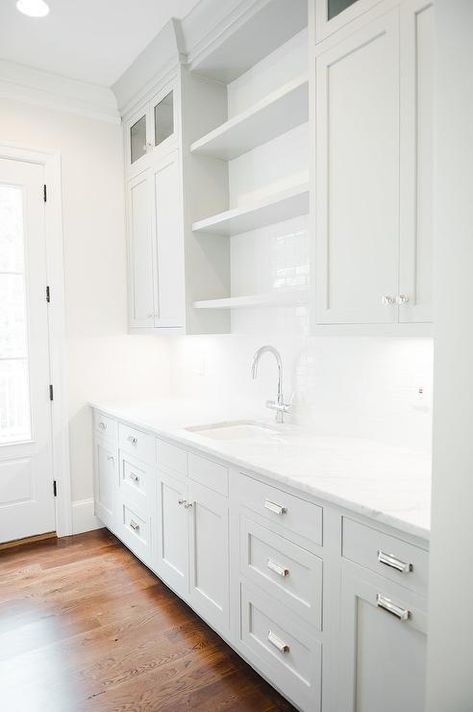 Grey Butler Pantry Cabinets with White Marble Countertops - Transitional - Kitchen - Benjamin Moore Classic Gray Mcgee Kitchen, Studio Mcgee Kitchen, Inset Cabinetry, Revere Pewter, Kitchen Pantry Cabinets, White Marble Countertops, Butler Pantry, Kitchen Hardware, Transitional Kitchen