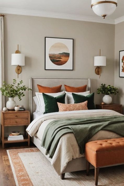 Cozy Bedroom Ideas Burnt Orange, Guest Room Ideas Color, Bedroom With Color Wall, Room With Orange Bedding, Bedroom Pop Of Color Ideas, Guest Bedroom Ideas Yellow, Green And Orange Bedroom Decor, Burnt Orange Room Ideas, Master Bedrooms Color Ideas