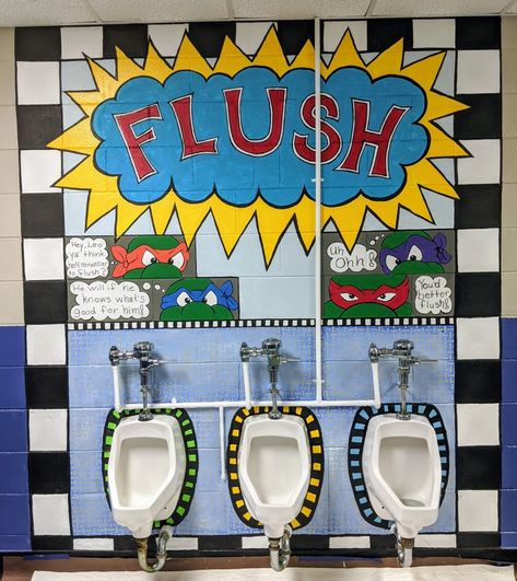 School restroom murals School Restroom Aesthetic, School Bathroom Ideas, School Toilet Design, School Bathroom Makeover, Preschool Bathroom, Toilet Makeover, Toilet Inspiration, School Restroom, Bathroom School