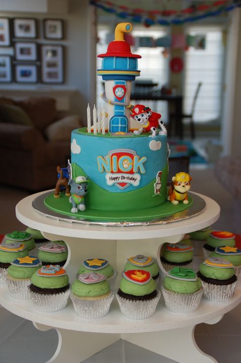 Paw Patrol cake & cupcakes by Cake Grooves Paw Patrol Cake And Cupcakes, Paw Patrol Cake Lookout Tower, Paw Patrol Lookout Cake, Paw Patrol Tower Cake, Paw Patrol Cupcake Cake, Paw Patrol Cakes, Paw Patrol Birthday Cake Boys, Paw Patrol Lookout, Paw Patrol Tower