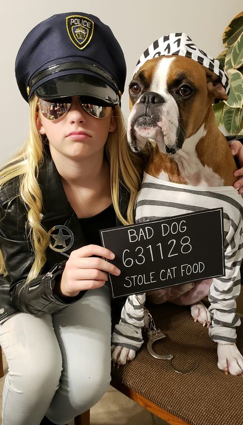 Dog Detective Costume, Dog Police Costume, Costume Ideas With Your Dog, Dog Costumes Matching Owner, Costume To Do With Your Dog, Dogs Halloween Costumes Diy, Pet Halloween Costumes Matching, Service Dog Halloween Costumes, Dog Prisoner Costume