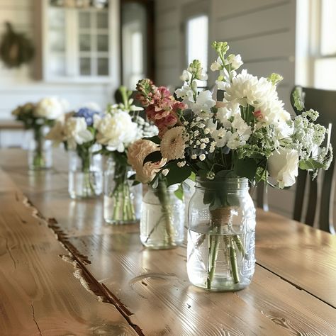 57 Flowers Mason Jars Centerpieces, Easy Diy Centerpieces, Mason Jar Vases Wedding, Mason Jars Centerpieces, Flowers In Mason Jars, Simple Centerpieces Diy, Tea Cup Centerpieces, Edible Centerpieces, Vases Wedding