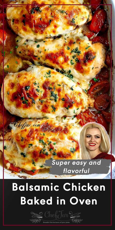 Balsamic Chicken Breasts Baked In the Oven Chicken Baked In Oven, Balsamic Chicken Baked, Italian Baked Chicken Breast, Easy Baked Chicken Breast Recipes, Tomato Balsamic, Balsamic Chicken Breast, Chicken Breast Oven Recipes, Baked Caprese Chicken, Oven Baked Chicken Breast