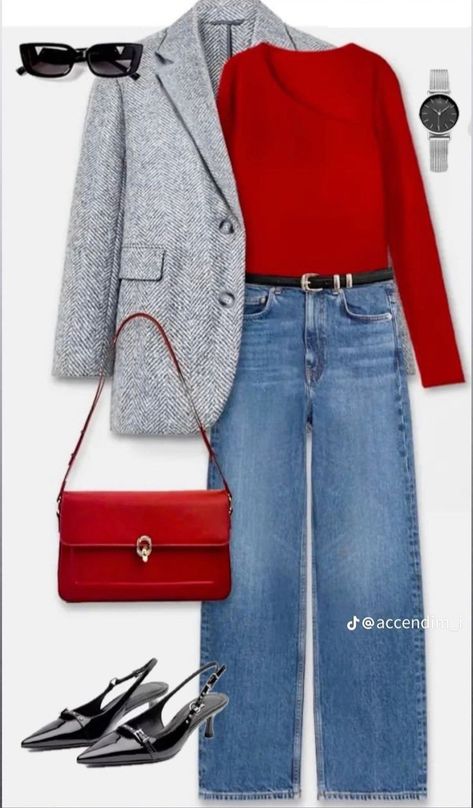 Color Combos Outfit, Gray Blazer, Winter Fashion Outfits Casual, Red Purse, Diva Fashion, Casual Work Outfits, Red Top, Classic Outfits, Business Casual Outfits