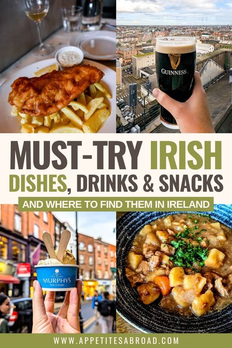 Wondering what to eat in Ireland? Here's a list of tasty Irish dishes, drinks, and snacks to try when visiting Ireland! Irish Food To Try In Ireland, What To Eat In Scotland, What To Eat In Ireland, Irish Treats, Food In Ireland, Irish Snacks, Irish Meals, Ulster Fry, Sabbatical Ideas