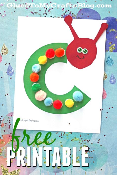 "C" is for Caterpillar - Pom Pom Kid Craft Idea w/free printable template Caterpillar Template, C Is For Caterpillar, Letter C Crafts, Preschool Letter Crafts, Abc Crafts, Caterpillar Craft, Alphabet Letter Crafts, Alphabet Crafts, Preschool Letters