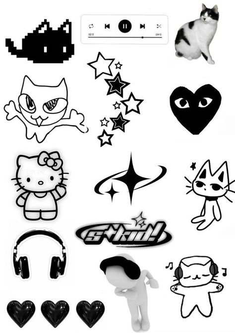 Y2k Stickers Black And White, Black N White Stickers, Cute Black And White Stickers, Stickers Printable Black And White, Diy Stickers Ideas Draw, Black White Stickers, Black Icons Aesthetic, Phone Cover Stickers, Clear Phone Case Design