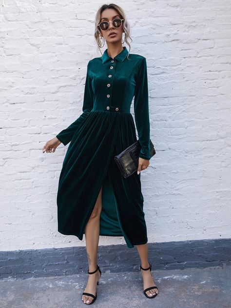 Button Front Wrap Hem Velvet Shirt Dress | SHEIN USA Velvet Wrap Dress Outfit, Shirt Dress With Leggings, Wrap Dress Outfit, Dress With Leggings, Velvet Shirt Dress, Velvet Wrap Dress, Velvet Shirt, Fashion 101, Dress Outfit