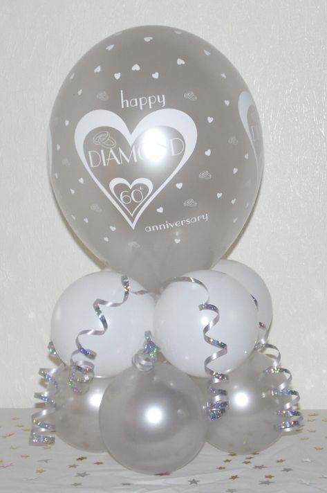 Diamond - 60th  Wedding Anniversary  Table decoration Balloon Kits No Helium is needed - just air from a basic balloon pump  By Decorating your Birthday Party yourself you will save £££'s  Each Kit Contains : 1 x 11-inch Printed Balloons 5 x Silver 5-inch  Balloons  5 x White 5-inch Balloons   Lengths Of Matching Curling Ribbon Full Instructions Select your number of kits from the drop down menu The balloons in this kit are top quality, high density latex, as used by professional decorators, Whe Wedding Table Assignments, Happy 60th Anniversary, Wedding Table Display, Table Assignments, Decoration Balloon, Balloon Kits, 60 Wedding Anniversary, Balloon Kit, Balloon Pump