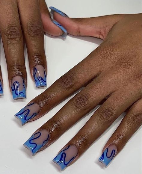 Abstract Acrylic Nail Designs, Blue Nail Inspo Coffin, Creative Short Nail Designs, Black And Blue Short Nails, Opposite Hand Nails, Cool Nail Inspo Square, Short Square Nail Art Designs, Black White And Blue Nails, Asymmetrical Nail Design