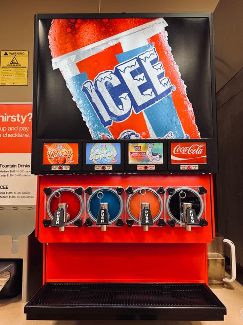 Slushie Machine Aesthetic, Snack Rack Ideas, Slurpee Machine, Gas Station Aesthetic, Soda Dispenser, Snack Rack, Slushie Machine, Vending Machine Snacks, Local Pizza