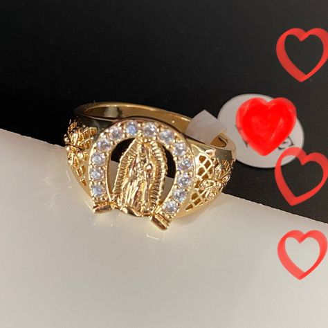 Beautiful Virgin And Horseshoe Ring With White Cubic Zirconia Of Very Good Quality In 18k Gold Filled Very Well Crafted Perfect For A Gift. Hypoallergenic Lead And Nickel Free You Will Receive It In A Nice Little Box Ready To Gift!! It Is Wonderful!!! Hermoso Anillo De Virgen De Guadalupe Y Herradura Con Cubic Zirconia Blanca De Muy Buena Calidad En Oro Laminado De 18k Muy Bien Elaborado Perfecto Para Regalo. Hipoalergnico Libre De Plomo Y Niquel Lo Recibirs En Una Linda Cajita Listo Para Regala Virgencita Ring, Mexican Invitations, Quinceanera Jewelry, Jewelry Mexican, Space Rings, Horseshoe Ring, Cz Rings Engagement, Engagement Sets, Jewelry Accessories Ideas