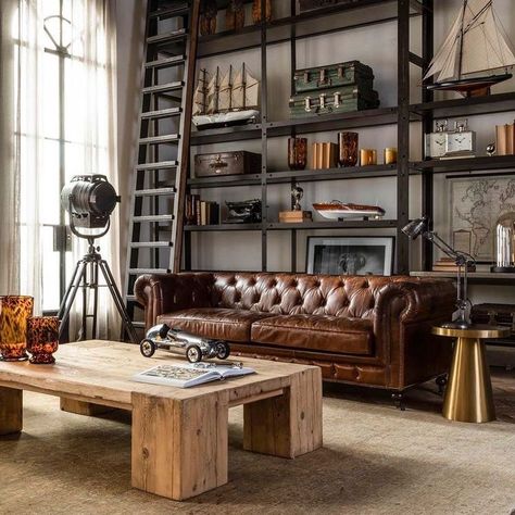 Chesterfield Industrial Living Room, Chedterfield Sofa, Home Office With Chesterfield Sofa, Styling Chesterfield Sofa, Chesterfield Living Room Ideas, Living Room For Man, Chesterfield Sofa Living Room Ideas, Living Room Chesterfield Sofa, Living Room Chesterfield