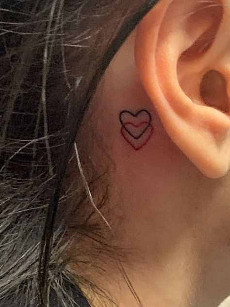 Behind The Ear Tiny Tattoos, Tiny Queen Of Hearts Tattoo, Behind The Ear Tattoo Ideas Matching, Red Heart Ear Tattoo, Neck Tattoos Women Heart, Small Back Of The Ear Tattoos For Women, Small Matching Tattoos Behind Ear, Heart Tattoos Behind The Ear, Heart Throat Tattoos Women