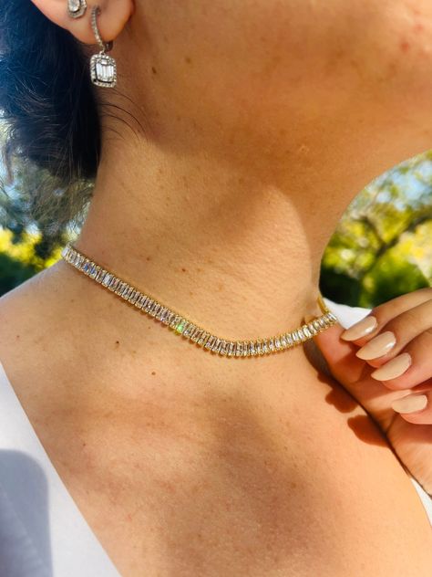 Baguette Tennis Necklace, Tennis Choker Necklace, Baguette Necklace, Bangles Design, Gold Bangles Design, Tennis Necklace, Neck Piece, Bangle Designs, Choker Necklaces