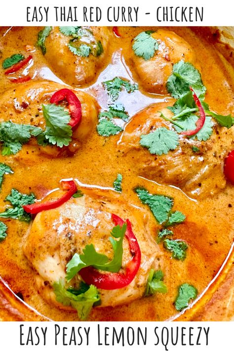 A tray of Thai Red Curry Chicken Thighs Chicken Thigh Thai Recipes, Chicken Thigh Recipes Curry, Thai Chicken Thigh Recipes, Red Thai Curry Recipes, Curry Chicken Thigh Recipes, Chicken Thighs Curry, Thai Chicken Thighs, Crock Pot Curry, Curry Chicken Thighs