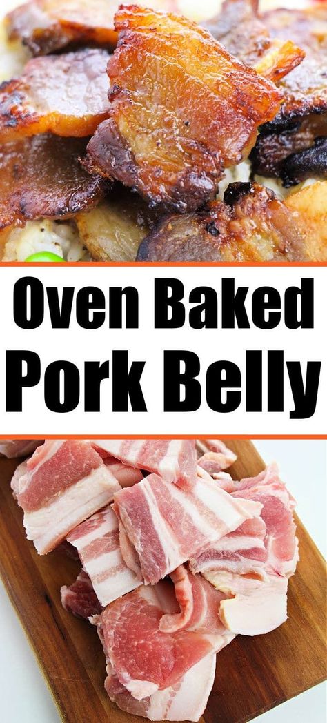 How to cook pork belly in the oven so it's crispy and delicious! Enjoy fork tender salted pork baked perfectly on a sheet pan tonight. #porkbelly #ovenbakedporkbelly Pork Belly In The Oven, Pork Belly Recipe Oven, Pork Belly Oven, Roasted Pork Belly Recipe, Pork Belly Recipes Crispy, Pork Belly Strips, Pork Roast In Oven, Pork Belly Slices, Pork Belly Recipes