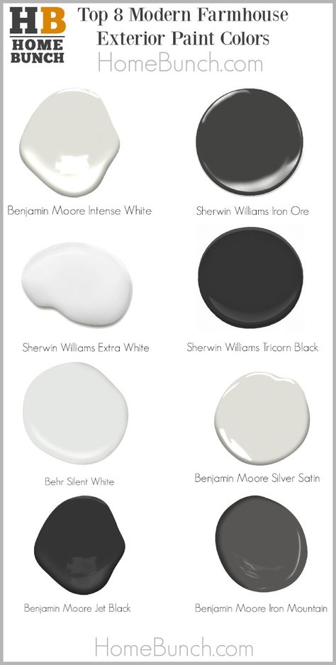 Top 8 Modern Farmhouse Exterior Paint Colors Benjamin Moore Intense White Sherwin Williams Iron Ore Sherwin Williams Extra White Sherwin Williams Tricorn Black Behr Silent White Benjamin Moore Silver Satin Benjamin Moore Jet Black Benjamin Moore Iron Mountain Color Palette Color Scheme #TopModernFarmhouseExteriorPaintColors #BenjaminMooreIntenseWhite #SherwinWilliamsIronOre #SherwinWilliamsExtraWhite #SherwinWilliamsTricornBlack #BehrSilentWhite #BenjaminMooreSilverSatin #BenjaminMooreJetBlack # Jet Black Benjamin Moore, Behr Silent White, Benjamin Moore Jet Black, Exterior Paint Colors Benjamin Moore, Silver Satin Benjamin Moore, Extra White Sherwin Williams, Tricorn Black Color Palette, Modern Farmhouse Exterior Paint Colors, Benjamin Moore Intense White