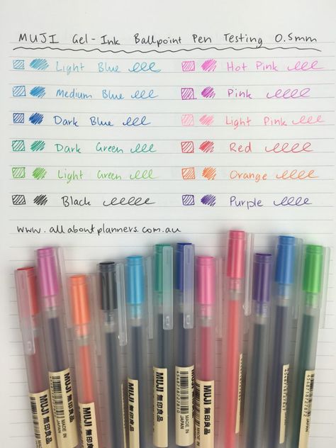 muji pen review swatch test no bleed ghosting bright rainbow fine tip 0.5mm gel ink colorful planning supplies haul europe london Muji Pens 0.5, Muji Ballpen, Muji Haul, Muji Gel Pens, Muji Shop, Muji Stationery, Papermate Inkjoy Gel Pens, Stationery Haul, Colorful Pens