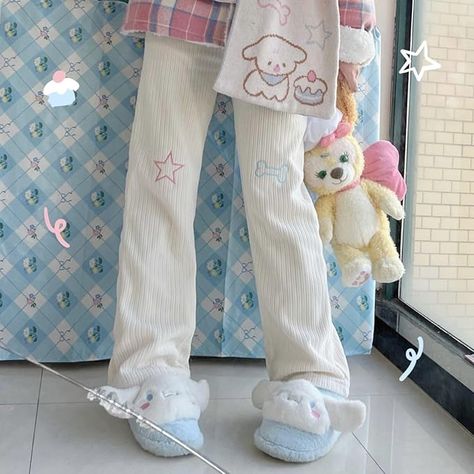 #pants #clothesforwomen #clothing #cute #kawaii White Corduroy Pants, Fairy Kei Fashion, Corduroy Pants Women, Kei Fashion, All Black Shoes, Cute Pants, Star Embroidery, Streetwear Fashion Women, Elastic Waist Pants