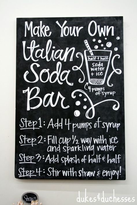 an italian soda bar Italian Soda Chalkboard Sign, Wedding Italian Soda Bar, Italian Soda Bar Drink Stations, Italian Soda Bar, Bar Chalkboard, Italian Sodas, Michaels Store, Italian Cream Soda, Italian Themed Parties