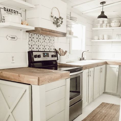 Farmhouse Kitchen With Butcher Block, Kitchens With Butcher Block Countertops, Kitchen With Butcher Block, Classic Farmhouse Kitchen, Farmhouse Kitchen Countertops, White Farmhouse Kitchen, Shiplap Farmhouse, Home In The Woods, Mobile Home Remodel