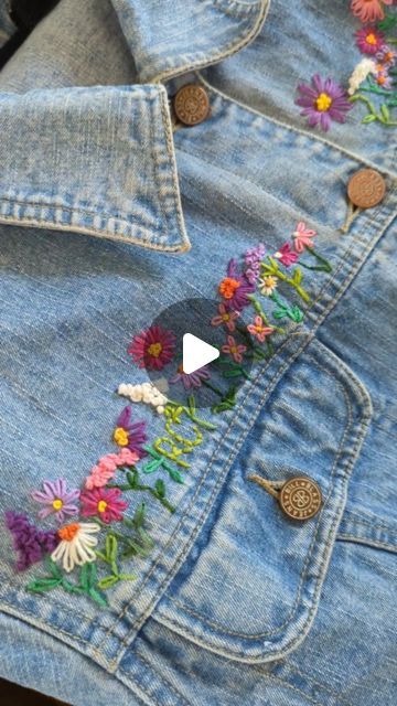 Caroline Laurent on Instagram: "Hand embroidered denim jacket for my moms birthday 🌸🎨 #embroideredflowers #handemboidered #embroidery #embroidered" Embroidered Denim Shirt Diy, Hand Embroidered Denim Jacket, Diy Embroidered Jean Jacket, Embroidery On Denim Jackets, Jean Jacket Embroidery Ideas, Denim Jacket Embroidery Ideas, Hand Embroidered Denim, Embroidery Denim Jacket, Denim Jacket Embroidery