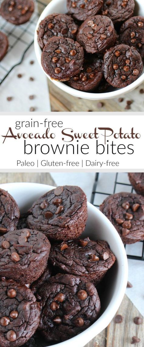 Grain-free Avocado Sweet Potato Brownie Bites | An ooey-gooey fudgy brownie bite filled with healthy fats and chocolaty goodness. Need we say more? You’ll never know this recipe includes avocado and sweet potato! | Paleo | Gluten-free | therealfoodrds.com Sweet Potato Paleo, Avocado Sweet Potato, Desserts Nutella, Scones Vegan, Glutenfri Baking, Brownie Bites Recipe, Dairy Free Brownies, Cheesecake Vegan, Avocado Dessert