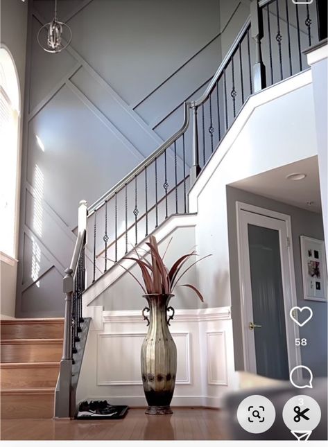 Accent Walls Going Up Stairs, Dark Stairway Paint Colors, Modern Home Staircase, Wainscotting Ideas Stairway, Accent Wall Stairs Staircases, Accent Walls Staircase, Accent Wall Entryway Foyers, Two Story Accent Wall, Staircase Accent Wall Ideas