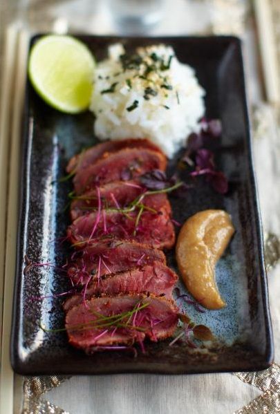 JAMIE OLIVER'S ASIAN-INSPIRED BEEF CARPACCIO ~~~ dipping sauce: tahini, soy sauce, vinegar, sugar [Jamie Oliver] Beef Carpaccio Recipe, Carpaccio Recipe, Japanese Beef, Beef Carpaccio, Beef Fillet, Jamie Oliver Recipes, Jamie Oliver, Wedding Food, Food For Thought