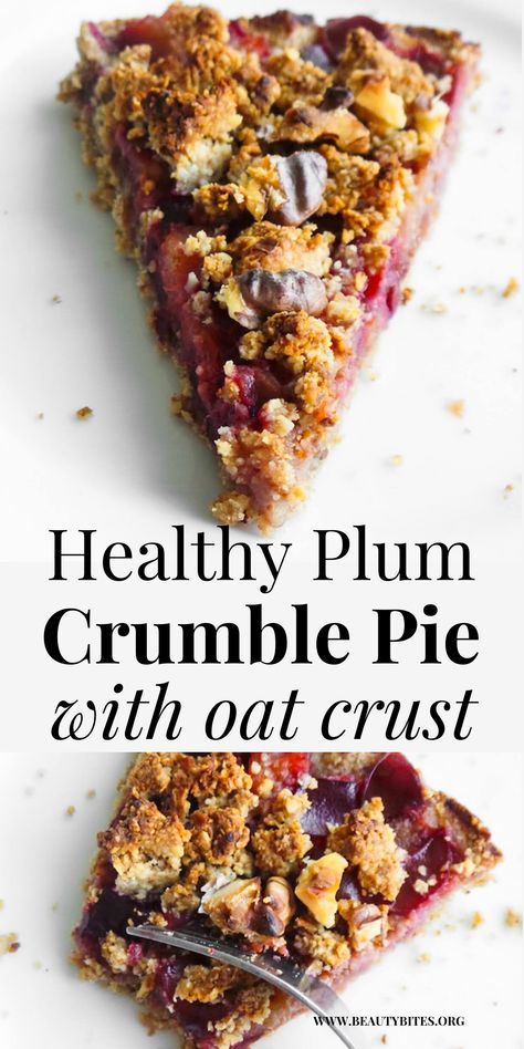 Healthy plum pie recipe with oat crust! This easy plum crumble pie is a delicious healthy dessert idea that you can make with any type of plums. Healthy plum recipe! Plum Crumble Pie, Healthy Plum Dessert, Healthy Plum Cake, Easy Plum Dessert, Dry Plums Recipes, Fresh Plum Recipes Healthy, Recipes Using Canned Plums, Recipe With Plums, Paleo Plum Recipes