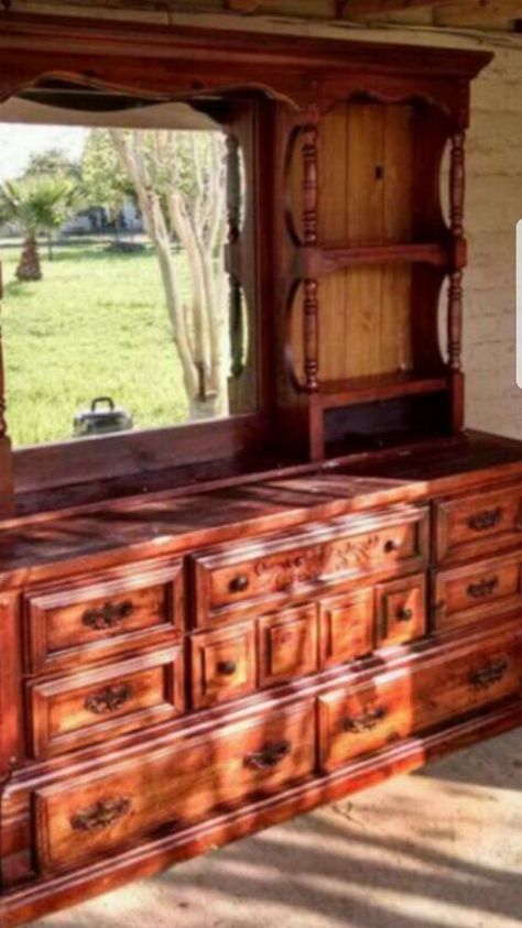 Old Bedroom Furniture Makeover, Dresser Mirror Repurposed, Waterbed Headboard, Hutch Top, Hutch Makeover, Repurposed Dresser, Dresser Redo, Deco Living, Large Dresser