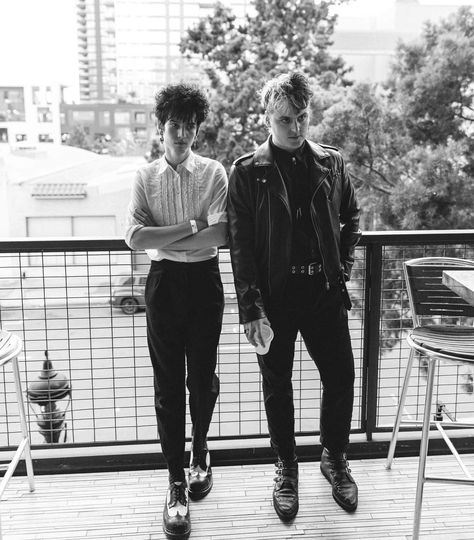 Julian Sharwarko (aka Harsh symmetry) standing next to Justin Chamberlain (Soft Vein, formerly The Very Reverend), both leaning against a balcony railing Julian Sharwarko, Harsh Symmetry, People References, Goth Hair, Post Punk, Musician, Batman, My Style, Music