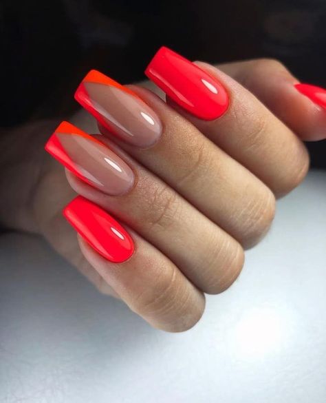 Neon Coral Nails, Coral Nails With Design, Summer Nails Neon, Neon Orange Nails, Red Nail Art Designs, Bright Nail Designs, Orange Nail Designs, Summer Nail Designs, Coral Nails