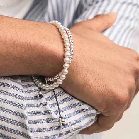 none Pearl Bracelet For Men, Mens Pearl Bracelet, Pearl Bracelet Men, Simple Beaded Bracelets, Real Pearl Bracelet, White Pearl Bracelet, Silver Circle, Mens Beaded Bracelets, White Freshwater Pearl