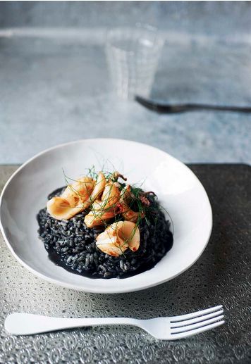 Squid ink risotto with marinated squid Squid Ink Pasta Recipe Sauces, Squid Ink Pasta Sauce, Squid Ink Risotto, Squid Ink Pasta With Scallops, Black Squid Ink Pasta Recipe, Squid Recipes, Seafood Menu, South American Recipes, Great British Chefs