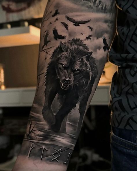 Small Wolf Tattoo Men Forearm, Men Animal Tattoos, Vikings Tattoo Sleeve, Viking Animal Tattoo, Wolf Sleeve Tattoos For Guys, Viking Arm Tattoo For Men, Shoulder Wolf Tattoo, Realistic Wolf Tattoo Design, Snarling Wolf Tattoo