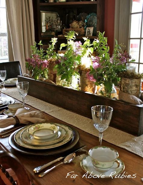 Creations By Cindy: FRIDAY FAVORITES Dining Table Christmas Decor, Dining Table Christmas, Planter Box Centerpiece, Table Christmas Decor, Wooden Box Centerpiece, Above Rubies, Wood Box Centerpiece, Rustic Planter, Wood Centerpiece