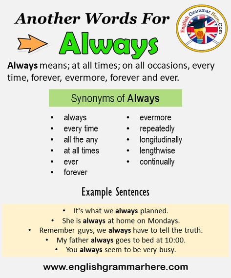 Another word for Always, What is another, synonym word for Always? Every language spoken around the world has its own characteristics. When learning a new language, it will be very useful to learn words for that language. In addition, in a language learning process, learning the words together with their synonyms will be even more useful when memorizing words. Learning a word with its synonyms increases our competence in that language. It helps us speak more fluently and clearly. +800 Synonym Always Synonym, Idioms And Proverbs, Grammar Posters, Learning A New Language, Slang Words, Interesting English Words, Good Vocabulary Words, Relationship Questions, New Language